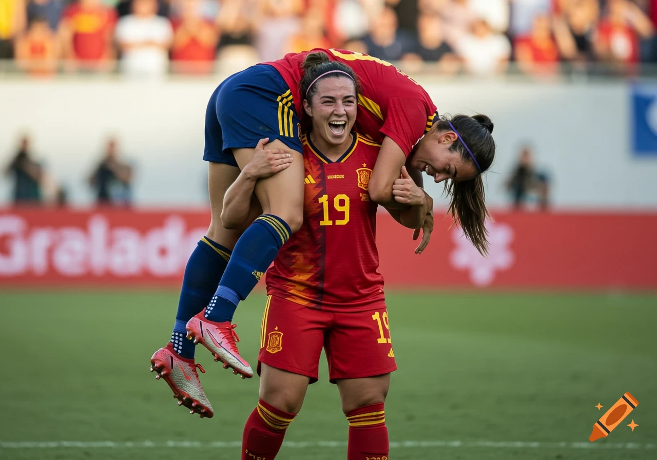 Two smiling women soccer players in red and blue uniforms celebrate on a green field, one carrying the other on her shoulders.