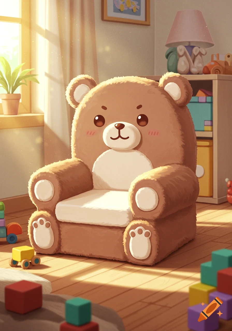 A cozy cartoon teddy bear chair sits in a sunlit children's room, surrounded by colorful building blocks and a small toy car.