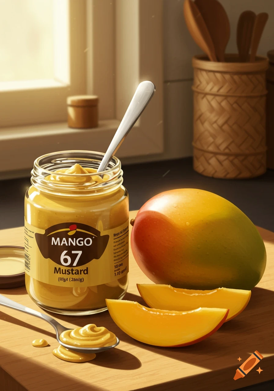 Photorealistic jar of Mango 67 Mustard, a spoon with mustard, and a whole mango with slices on a wooden board in a sunny kitchen.