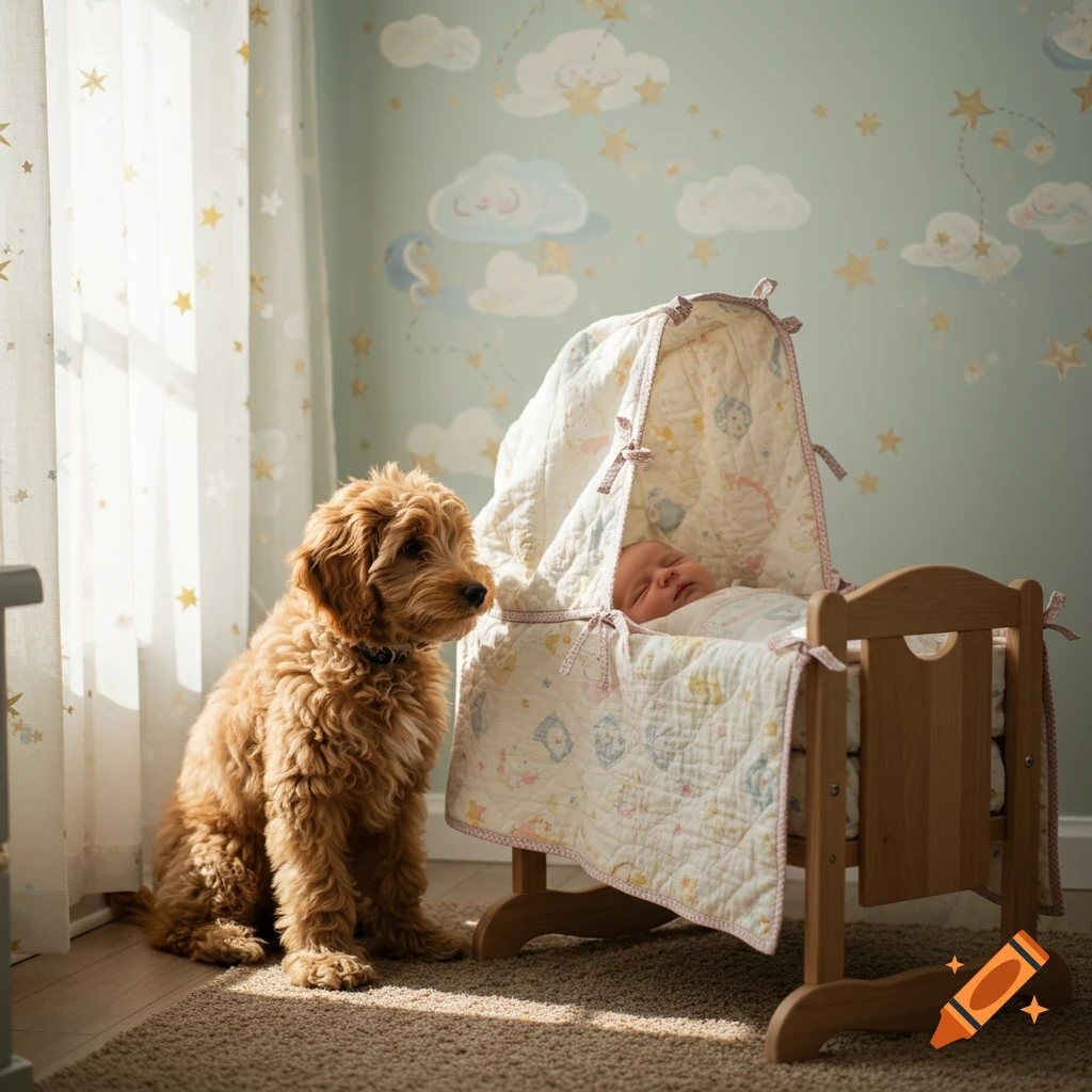A golden doodle dog sits beside a sleeping baby in a wooden bassinet in a sunny nursery with star and cloud wallpaper.