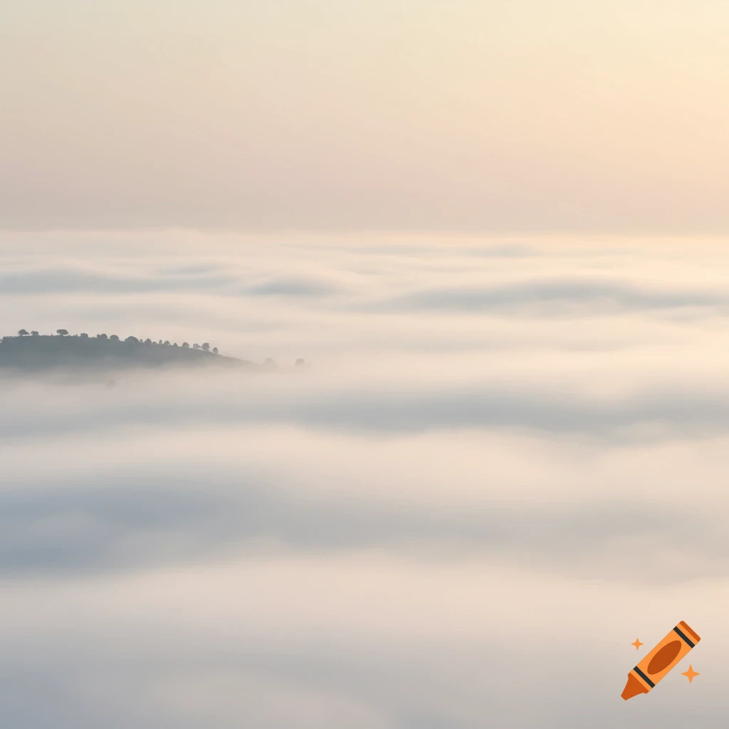 A tranquil aerial view of a tree-lined hill peeking through a dense layer of fog under a soft, hazy sky.