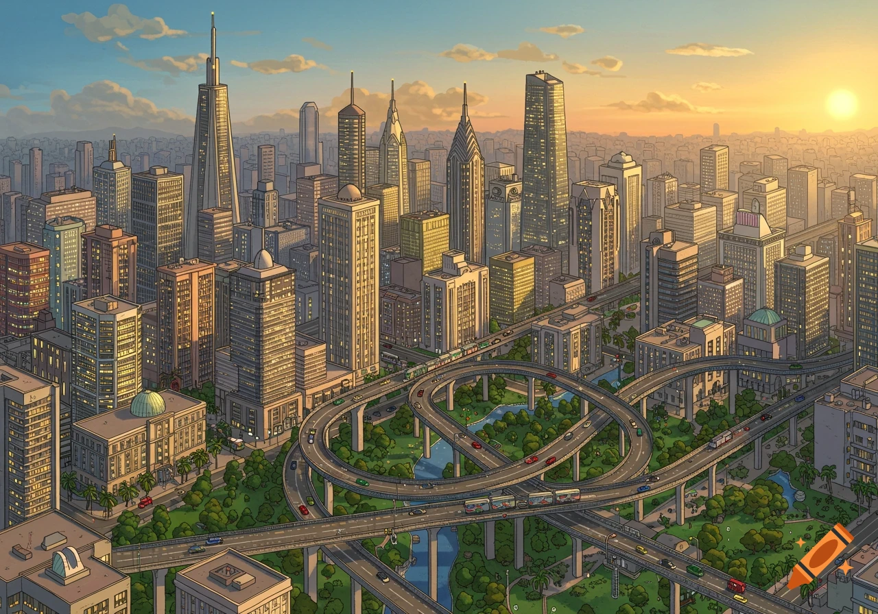 An isometric view of a vast, detailed city with numerous skyscrapers, a complex highway network, and green spaces under a sunny sky.