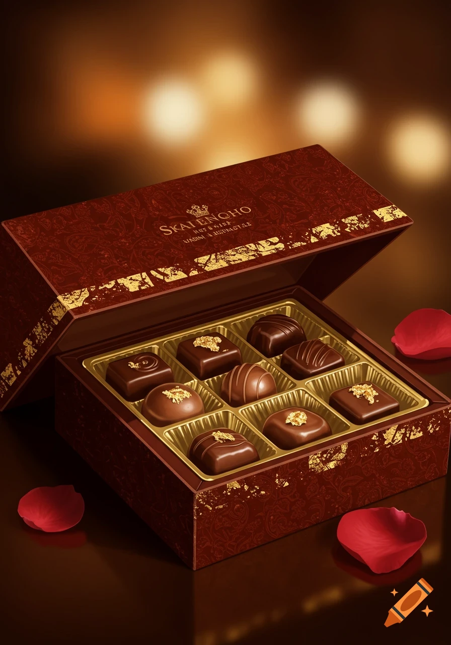 An open dark red box of assorted chocolates with gold leaf flakes, next to red rose petals on a dark, reflective surface.