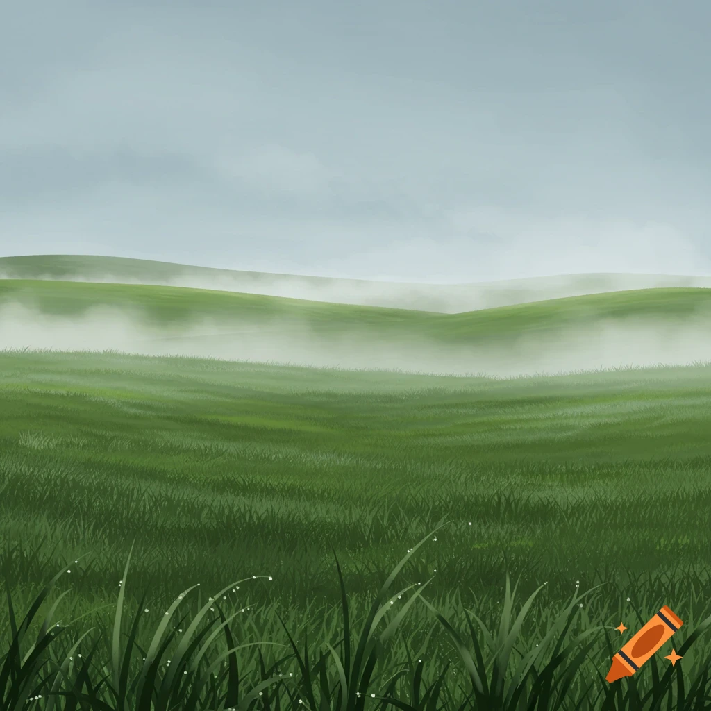A serene digital painting of rolling green hills partially covered by fog, with dewy grass in the foreground.