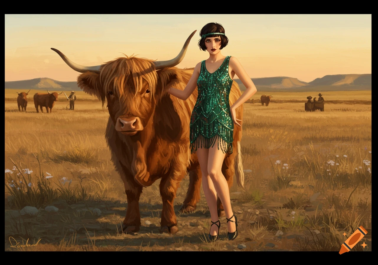 A 1920s flapper girl in a green sequin dress stands next to a large highland cow in a sunny, grassy field.
