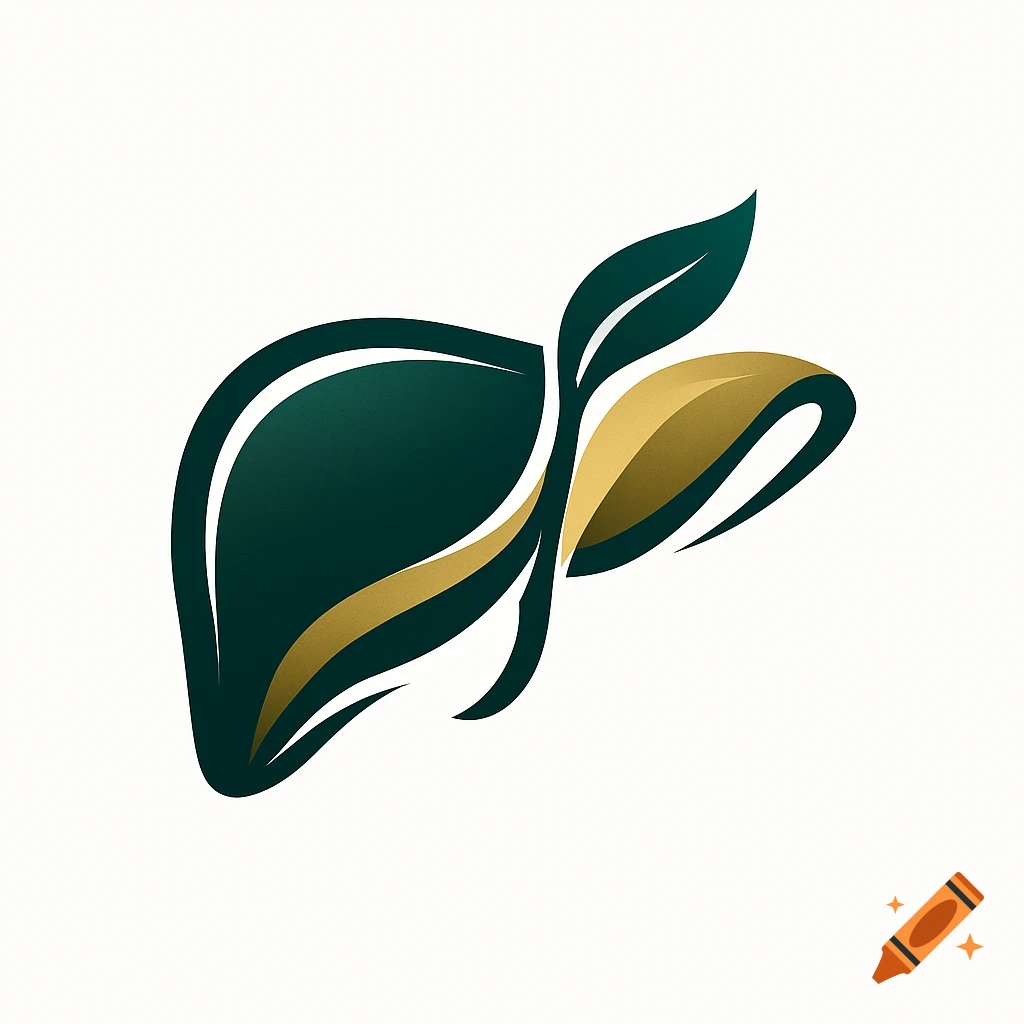 Stylized dark green and gold logo depicting a liver with leafy elements on a white background.