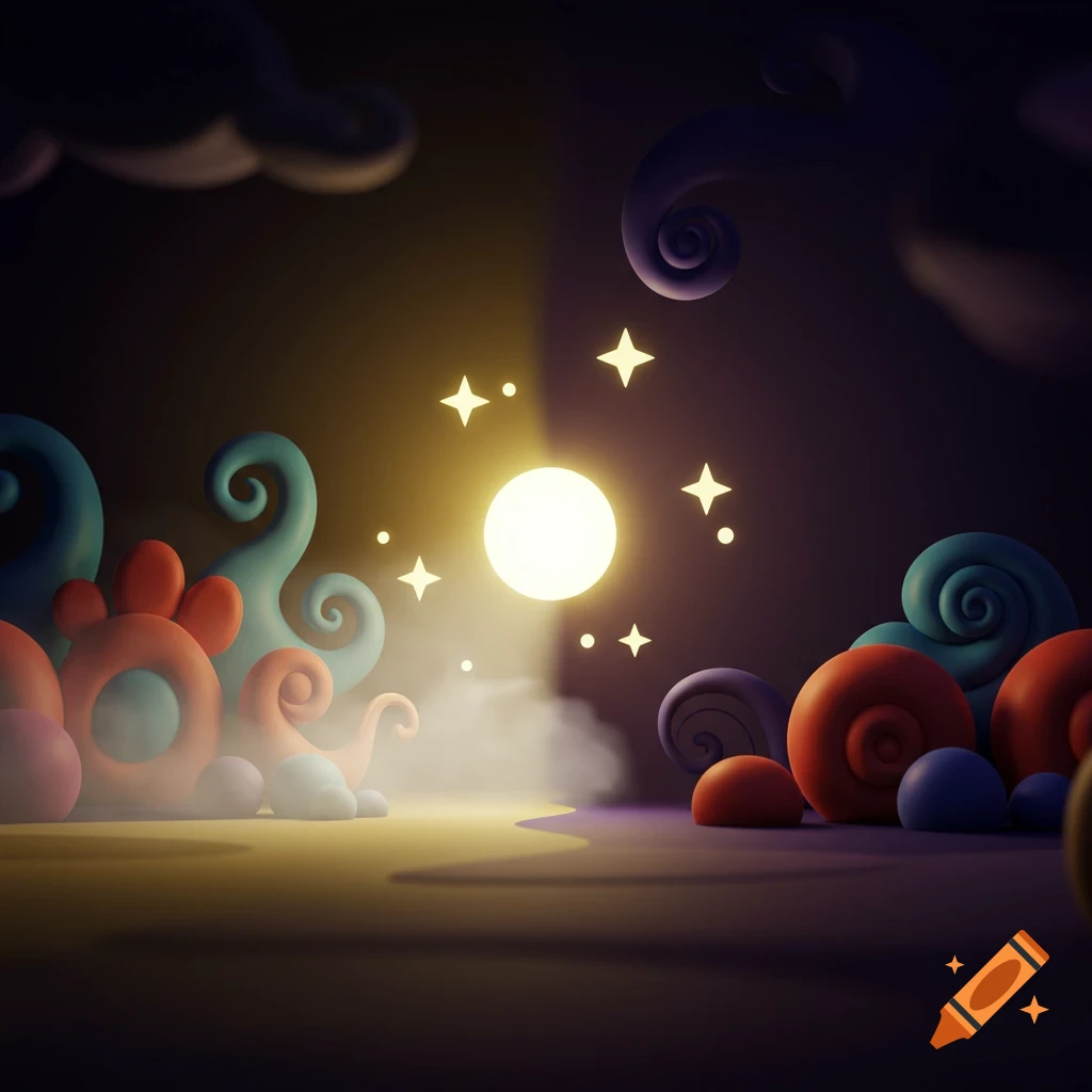 Cartoon-style soft 3D clay animation of a magical night scene with a glowing moon, stars, mist, and vibrant, abstract shapes.