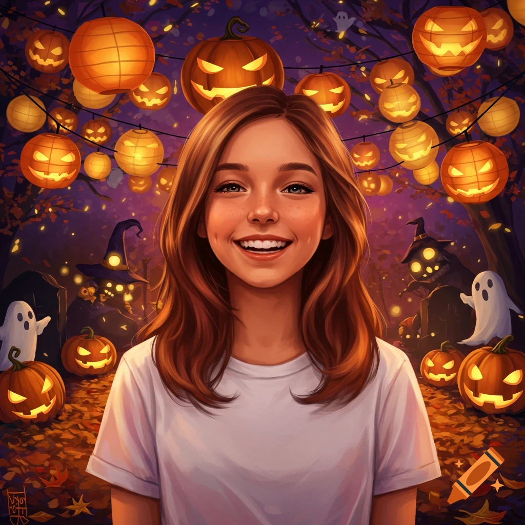 Smiling female teenager in a white t-shirt surrounded by glowing jack-o'-lanterns, paper lanterns, ghosts, and witch hats in a digital art Halloween forest.