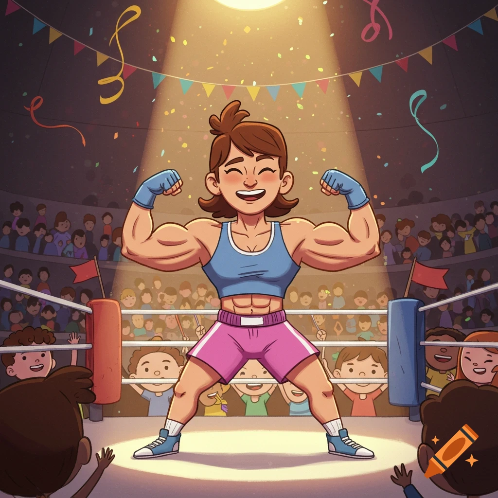 A strong, smiling cartoon woman in a boxing ring flexes her biceps for a cheering crowd, confetti falling under a spotlight.