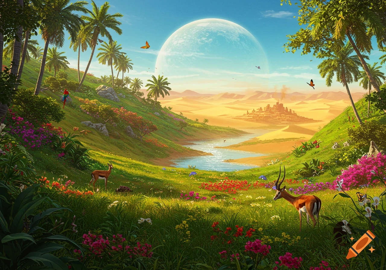 A vibrant fantasy landscape with a lush green valley, river, palm trees, colorful flowers, and deer leading to a desert with a distant city under a huge pale blue moon.