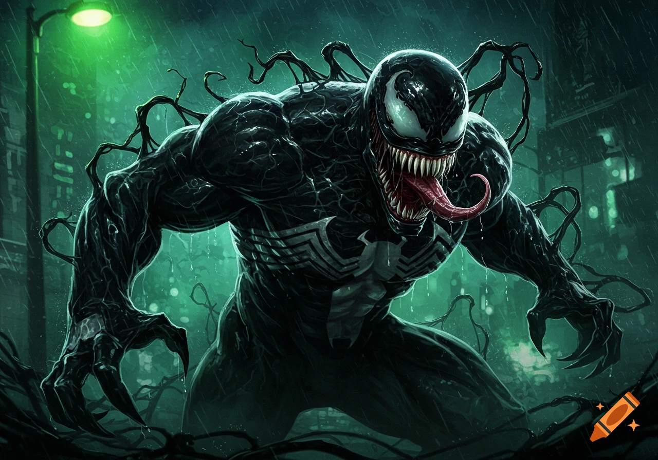 Menacing comic art of Venom crouching in a dark, rainy city street under a green streetlamp, tongue extended.