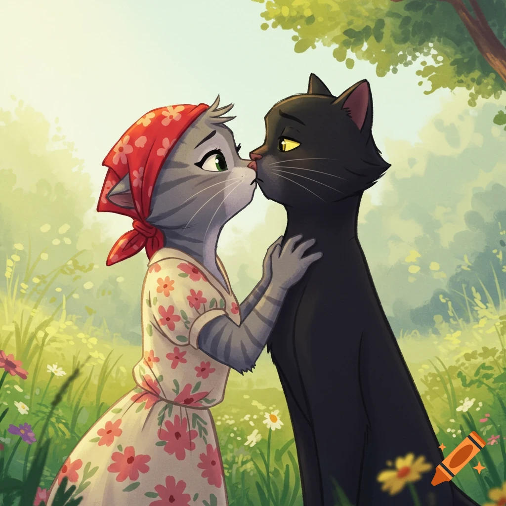 An anthropomorphic grey tabby cat in a floral dress and red bandana kisses a black cat in a grassy field, in a 2D animation style.