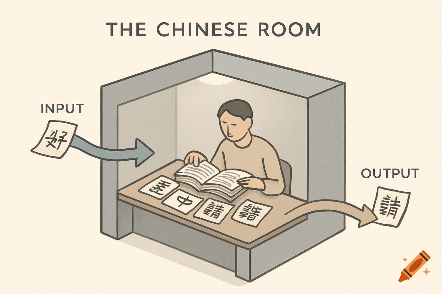 A minimalistic illustration of the Chinese Room experiment, showing a person manipulating Chinese symbols inside a room with input and output arrows.