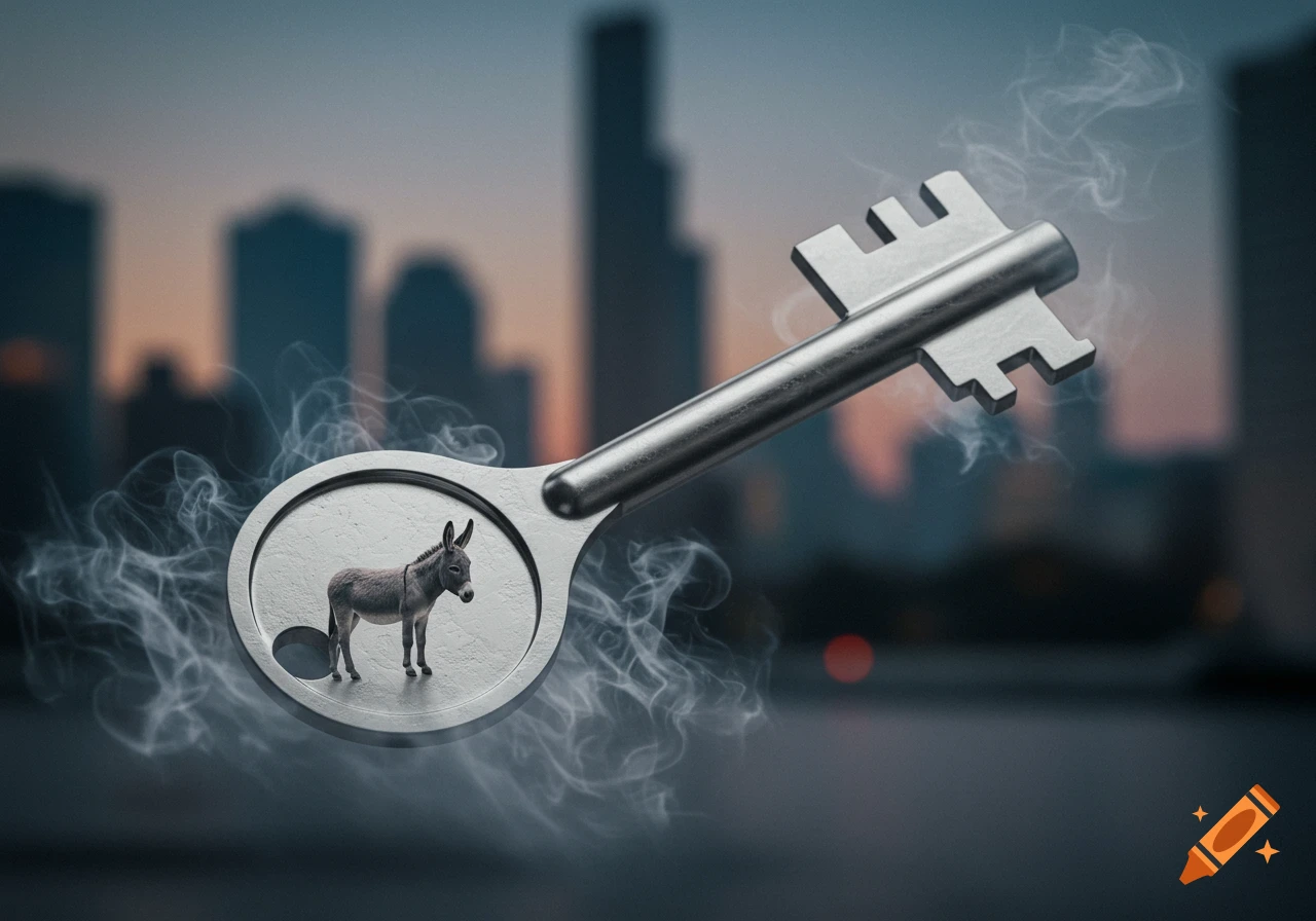 A large metallic key with a realistic grey donkey inside its circular bow, against a blurred city skyline at dusk with wispy smoke.
