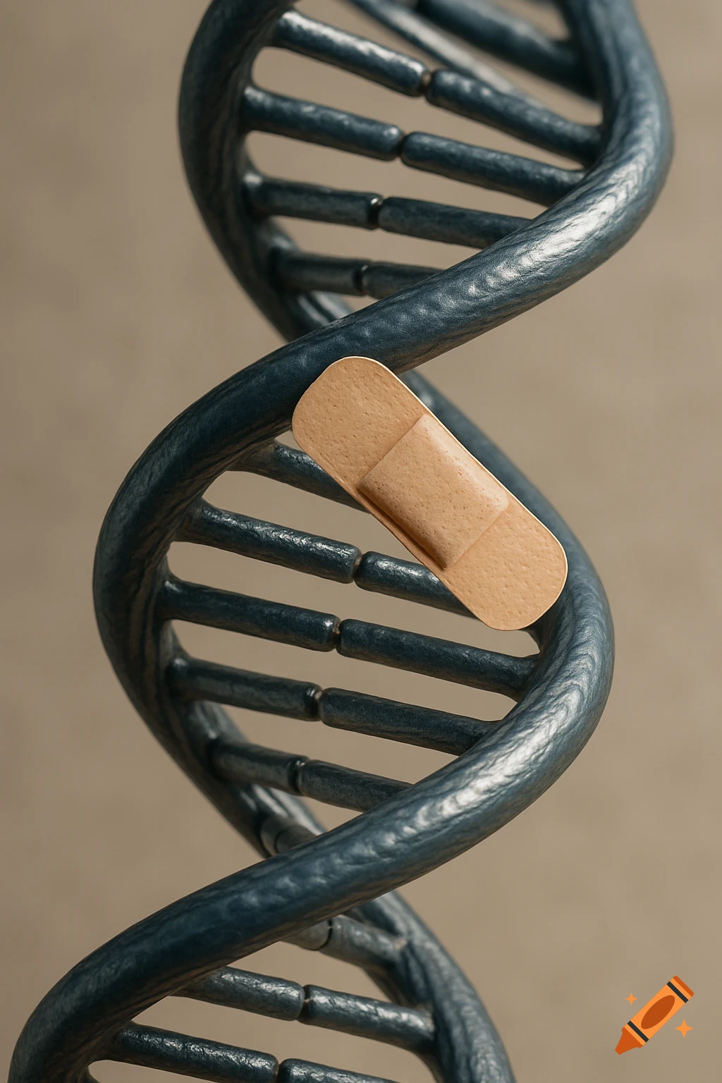 A highly detailed, realistic illustration of a dark blue DNA double helix with a light brown medical bandage wrapped around it.