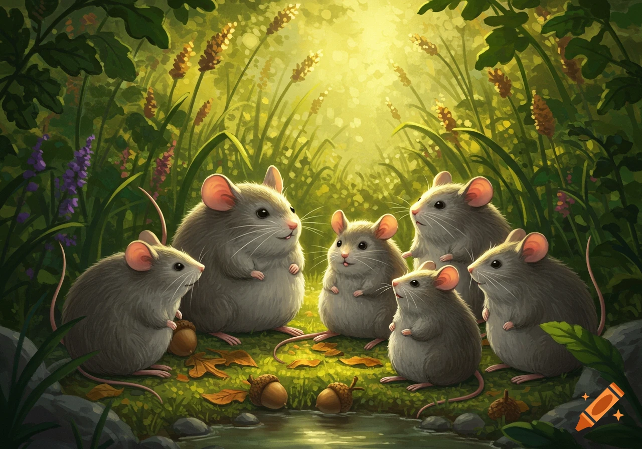 Six plump grey mice gather on a mossy forest floor with acorns and leaves, bathed in warm sunlight.