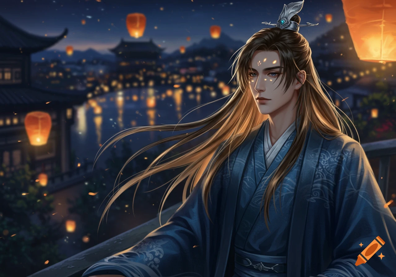 A long-haired Asian man in traditional blue robes sits at night overlooking a city lit by many lanterns, digital art.