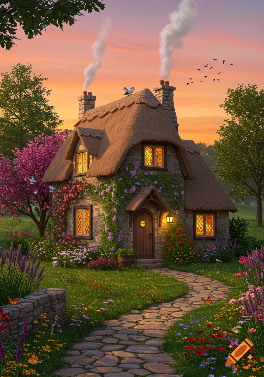 A charming stone cottage with a thatched roof, covered in flowering vines, nestled in a vibrant garden with a stone path at sunset.