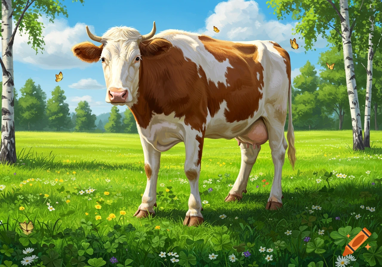 A brown and white cow stands in a sunny green meadow with trees and butterflies under a blue sky.