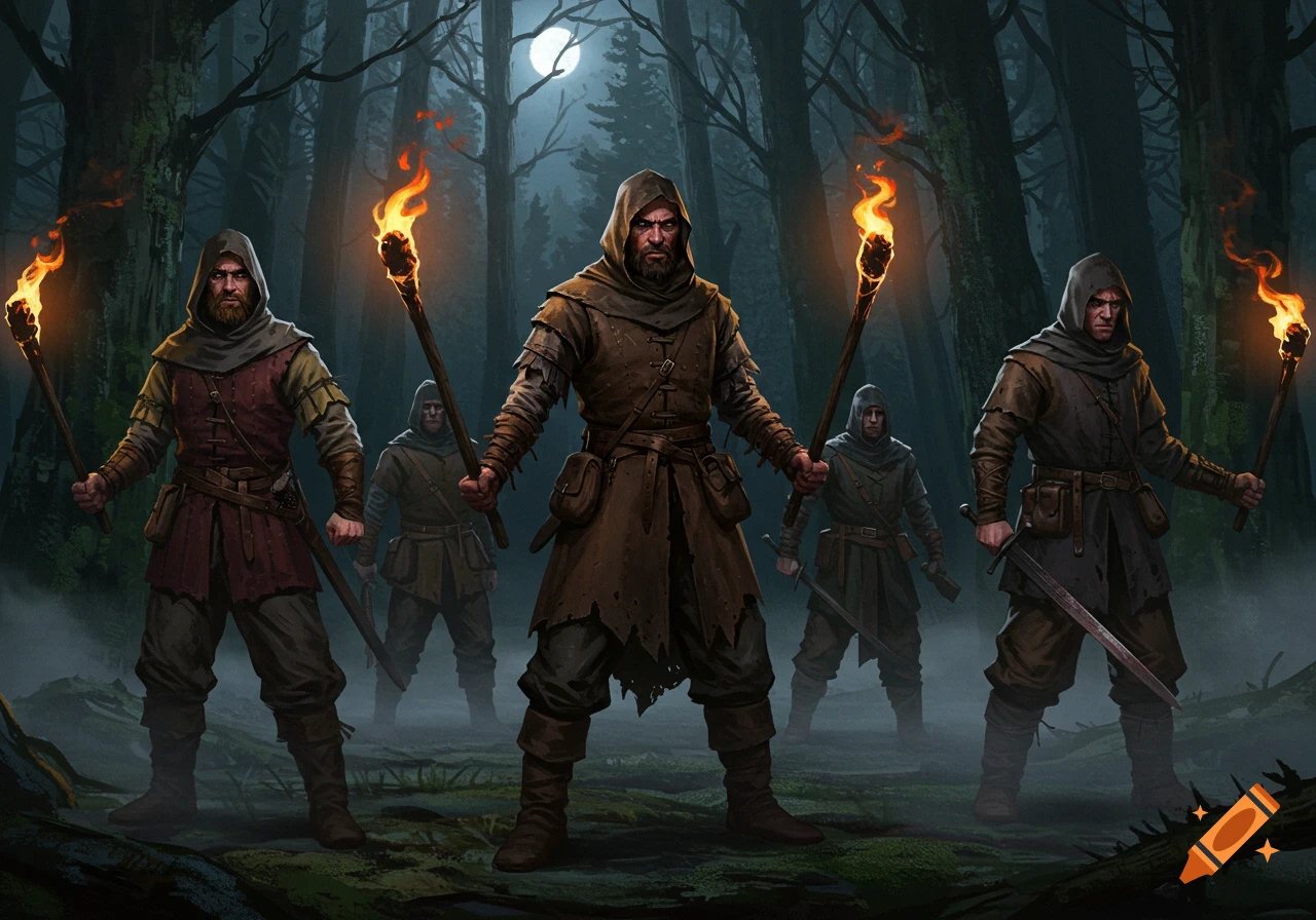 Five hooded medieval brigands with torches and swords stand in a dark, misty forest under a full moon, fantasy art style.