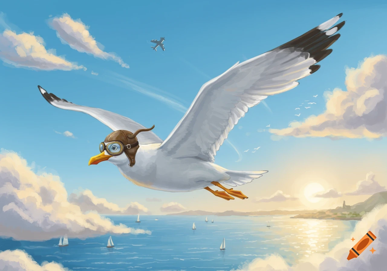 An illustrated seagull in a pilot's hat and goggles flies over a blue ocean with sailboats and a distant town at sunset.