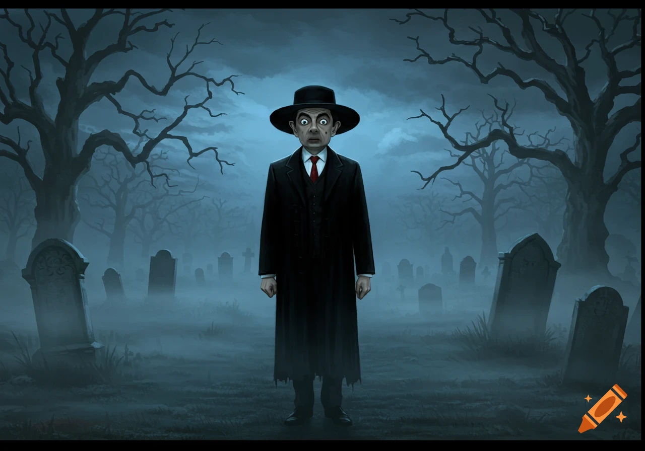 A stylized Mr. Bean as the Undertaker, with wide-open eyes and a black suit and hat, stands in a misty, dark graveyard.