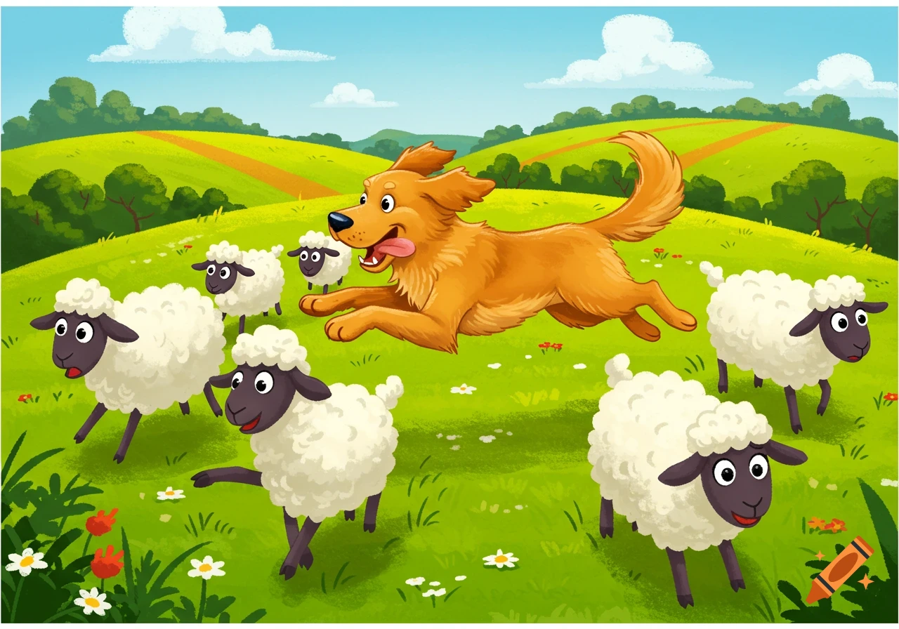 A golden retriever happily bounds through a green field, chasing a flock of cartoon sheep under a blue sky.