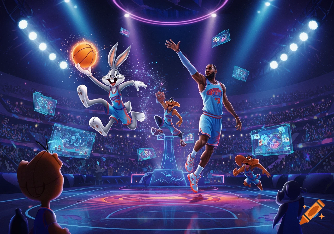 Bugs Bunny and LeBron James jump with other animated characters on a neon basketball court under bright lights and holographic screens.