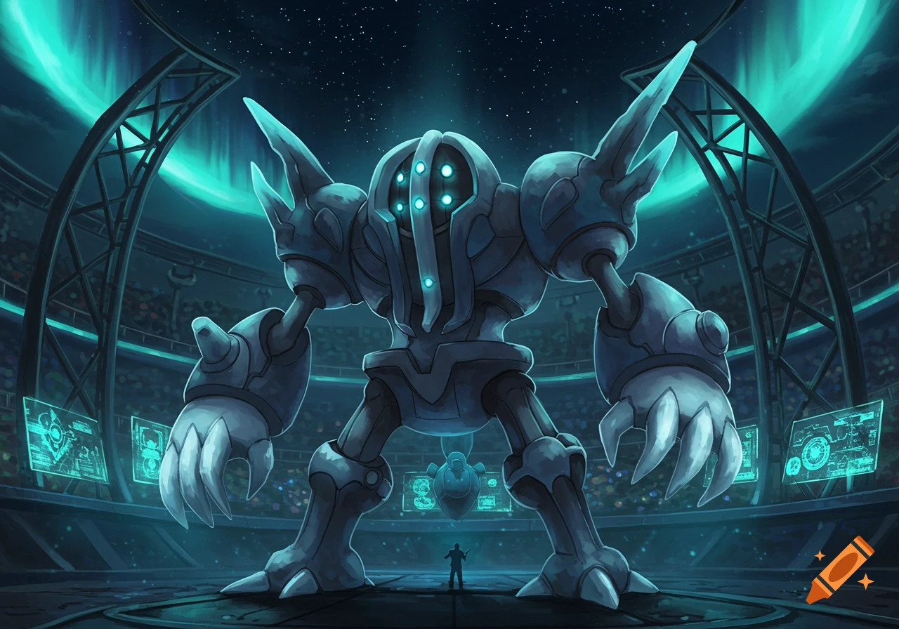 A giant grey robotic Mega Registeel Pokemon stands in a futuristic stadium with a small person below it, under a teal aurora sky.