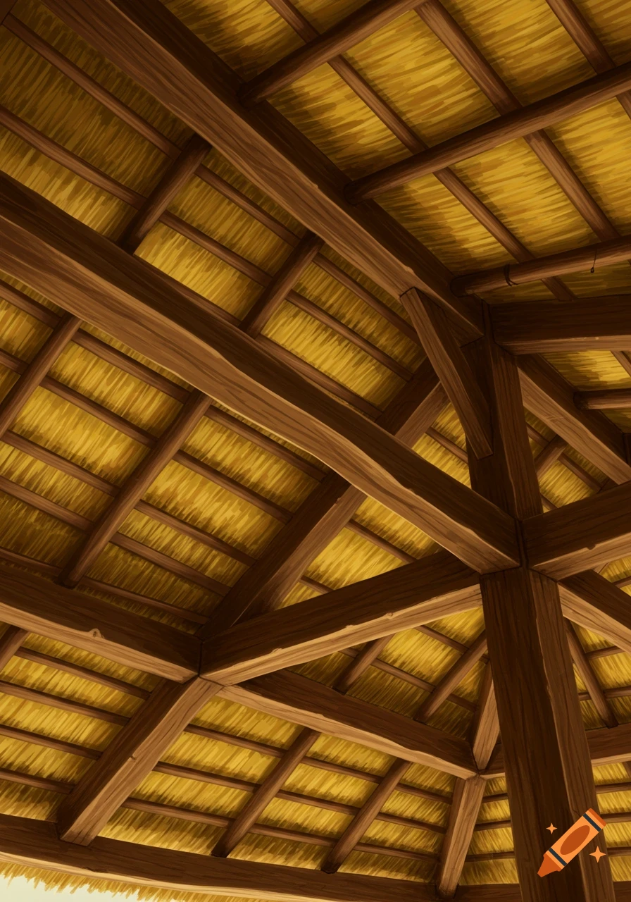 Interior view of a thatched roof supported by an intricate wooden beam structure, seen from below.