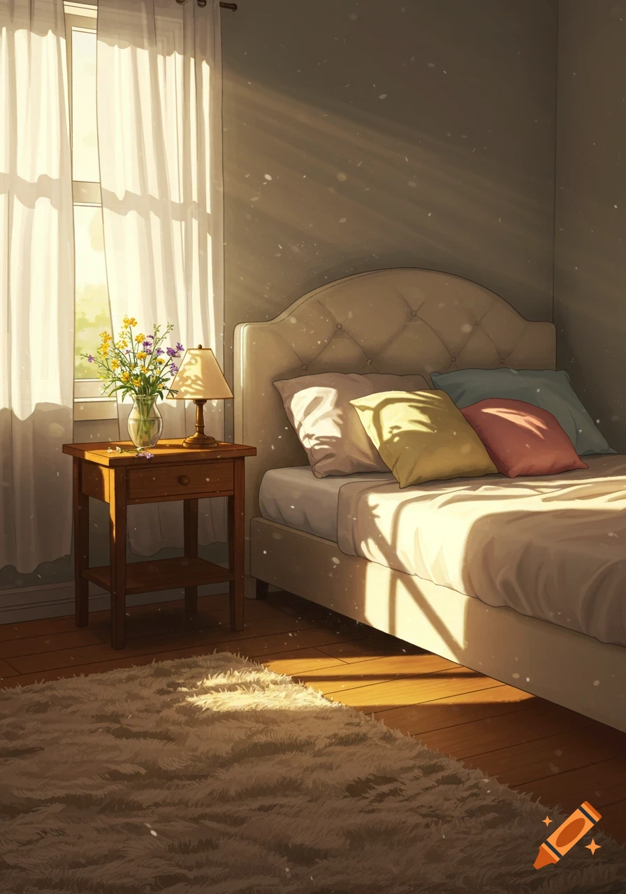An anime-style illustration of a sunny bedroom with white curtains, a bed with colorful pillows, and a nightstand with flowers.