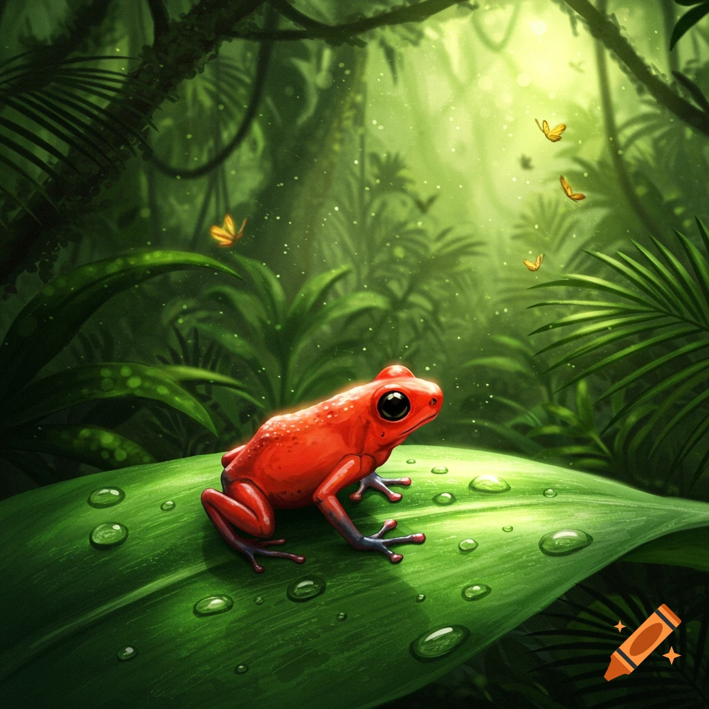 A vibrant red frog with black eyes sits on a large green leaf covered in water droplets in a lush jungle with butterflies and bright light filtering through the canopy.