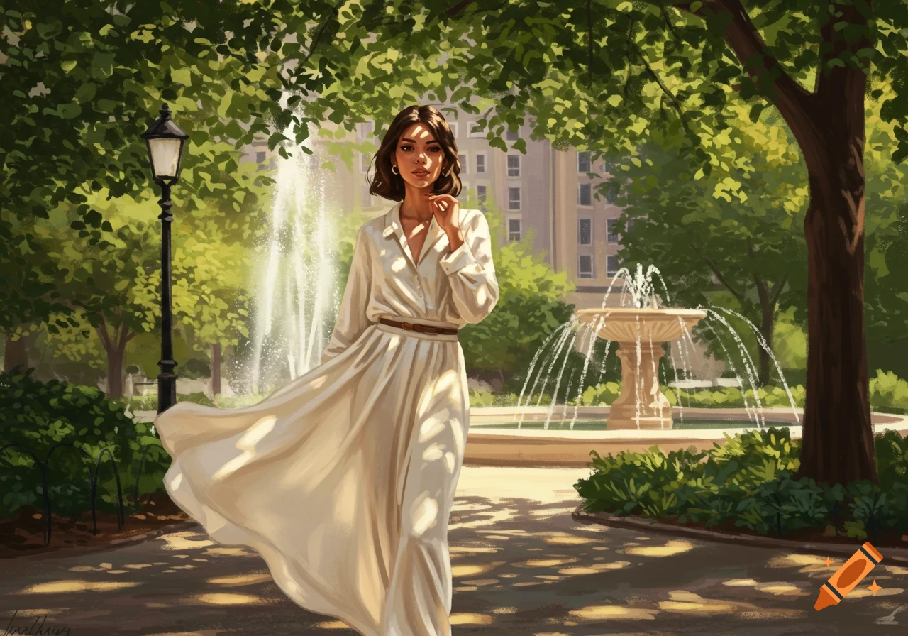 A stylish woman in a cream dress walks through a sunlit park with fountains and trees in a painterly style.