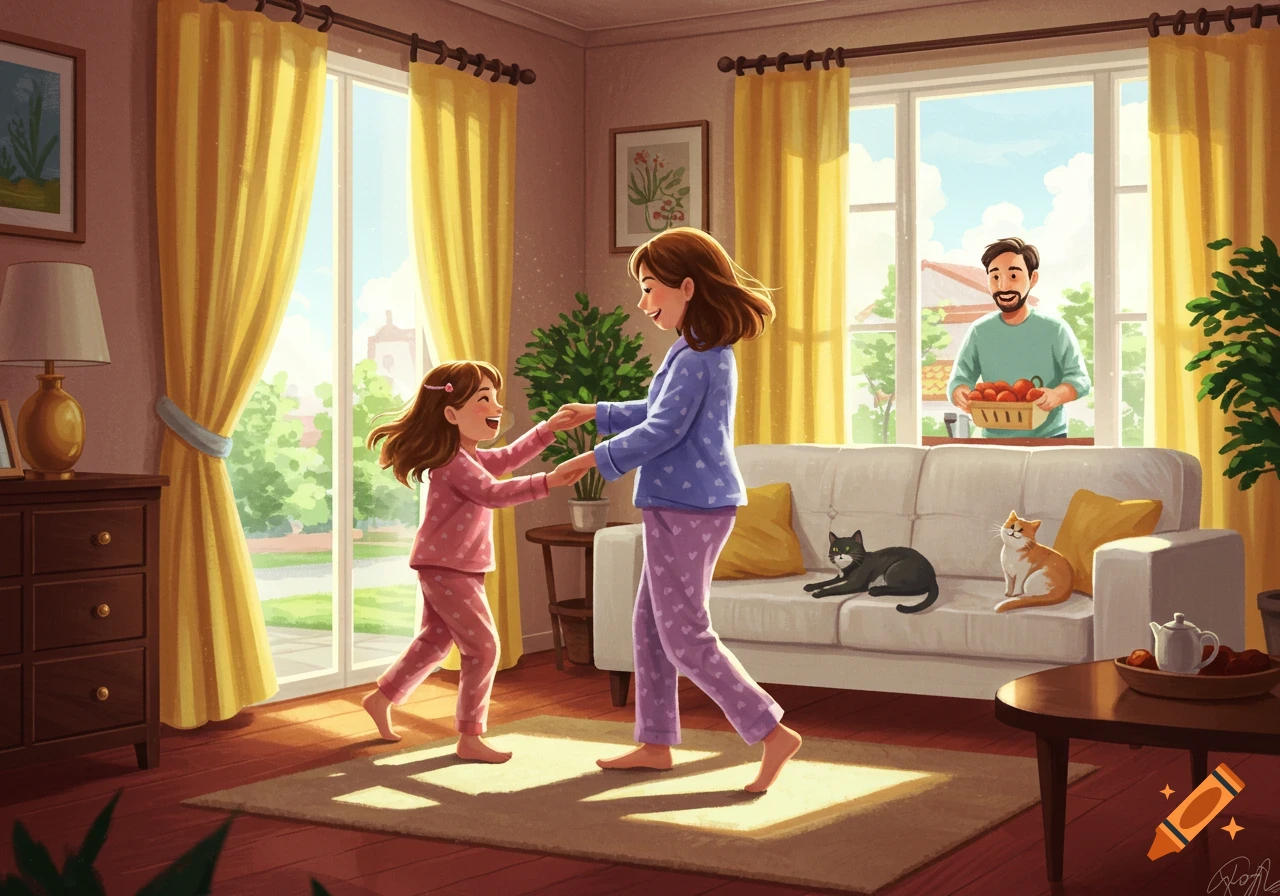 Illustration of a mother and daughter dancing in a sunny living room with cats on a sofa, father watching from outside.