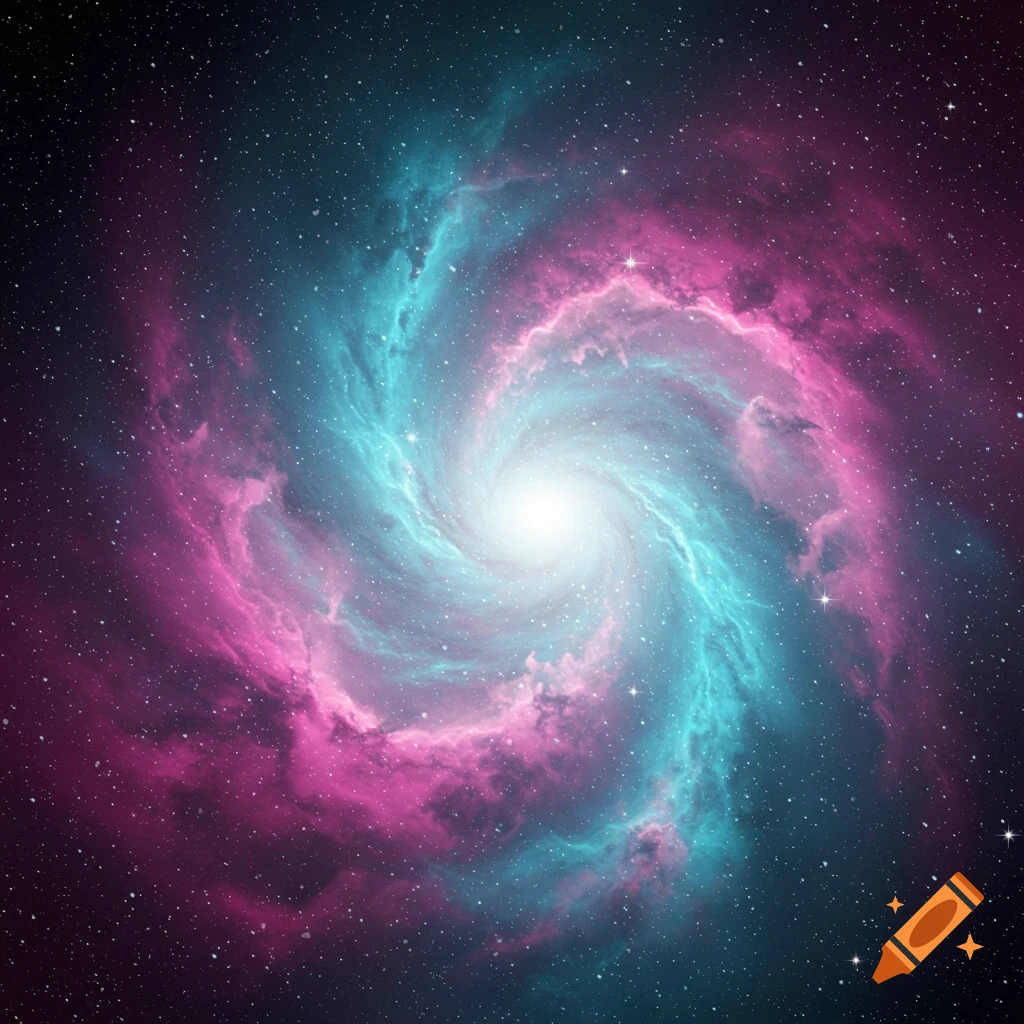 A vibrant spiral galaxy with swirling pink and blue nebula clouds around a bright white core, set against a dark, star-filled background.