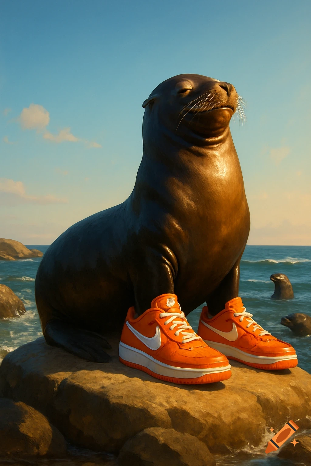 A photorealistic image of a sea lion sitting on a rock by the ocean, wearing bright orange Nike sneakers.