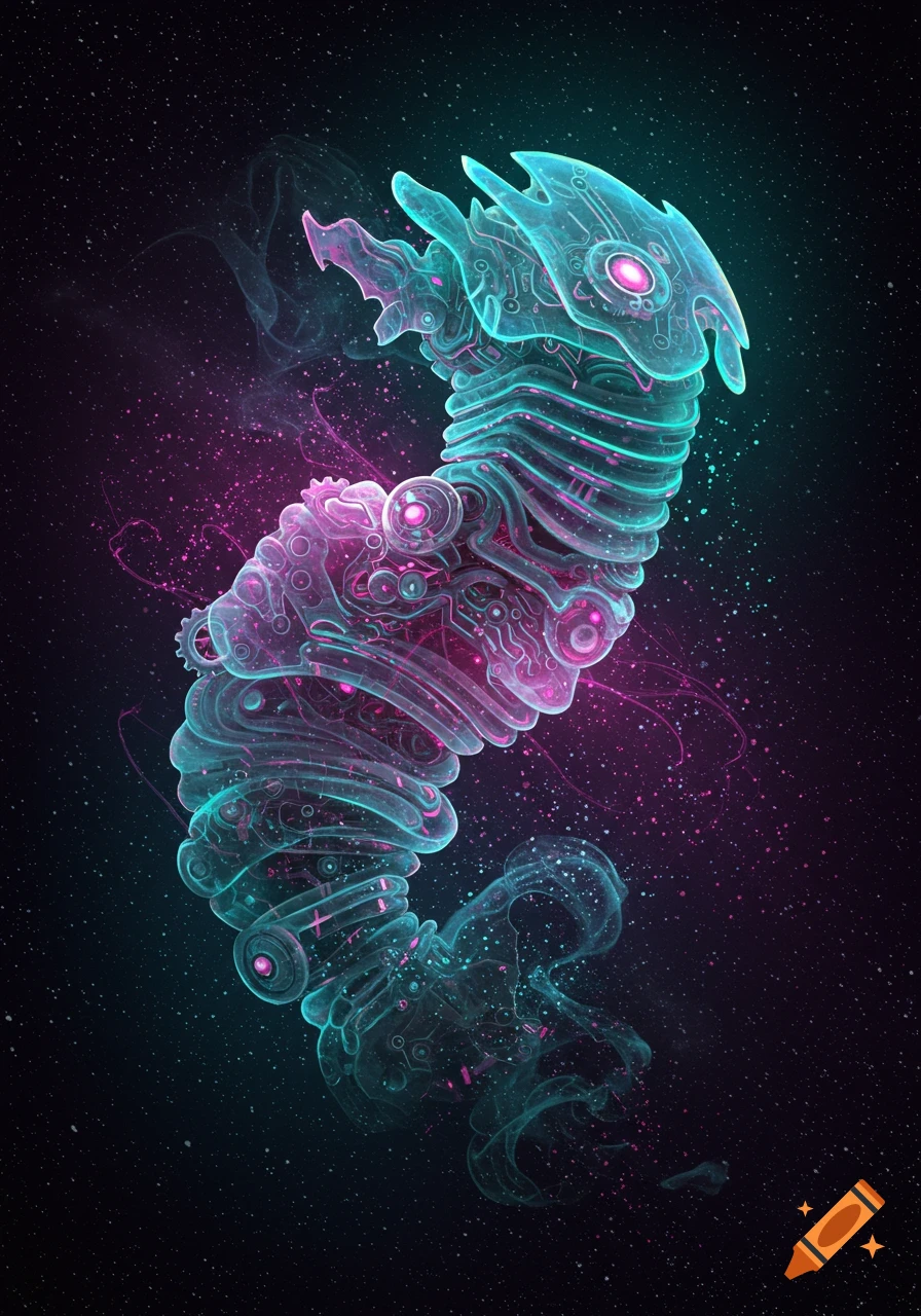 Abstract glowing teal and pink bio-mechanical creature against a dark, starry space background.