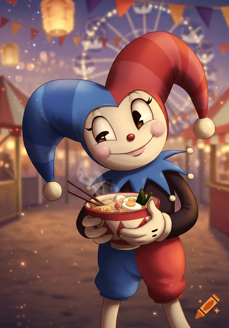 A cartoon jester character with a red and blue hat holds a steaming bowl of ramen noodles at a festive night carnival with lanterns and a Ferris wheel.
