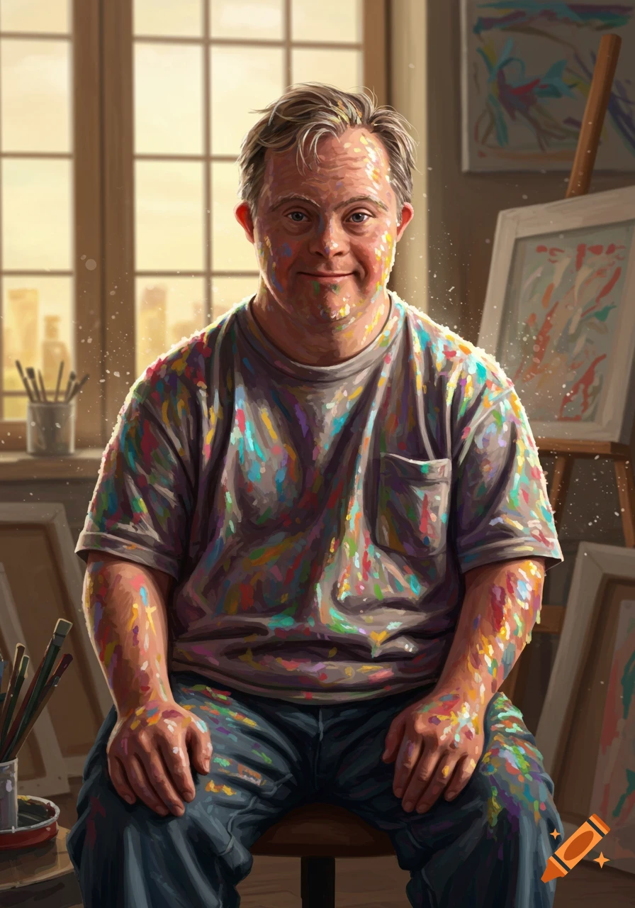 A smiling man with Down syndrome, covered in colorful paint, sits in a sunlit art studio with paintings.