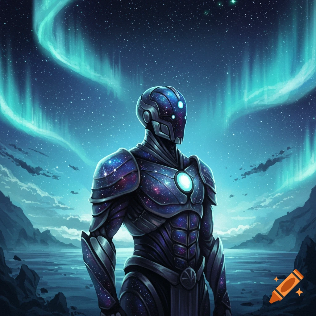 A cosmic armored humanoid figure stands under a starry night sky with vibrant aurora borealis over a serene landscape.
