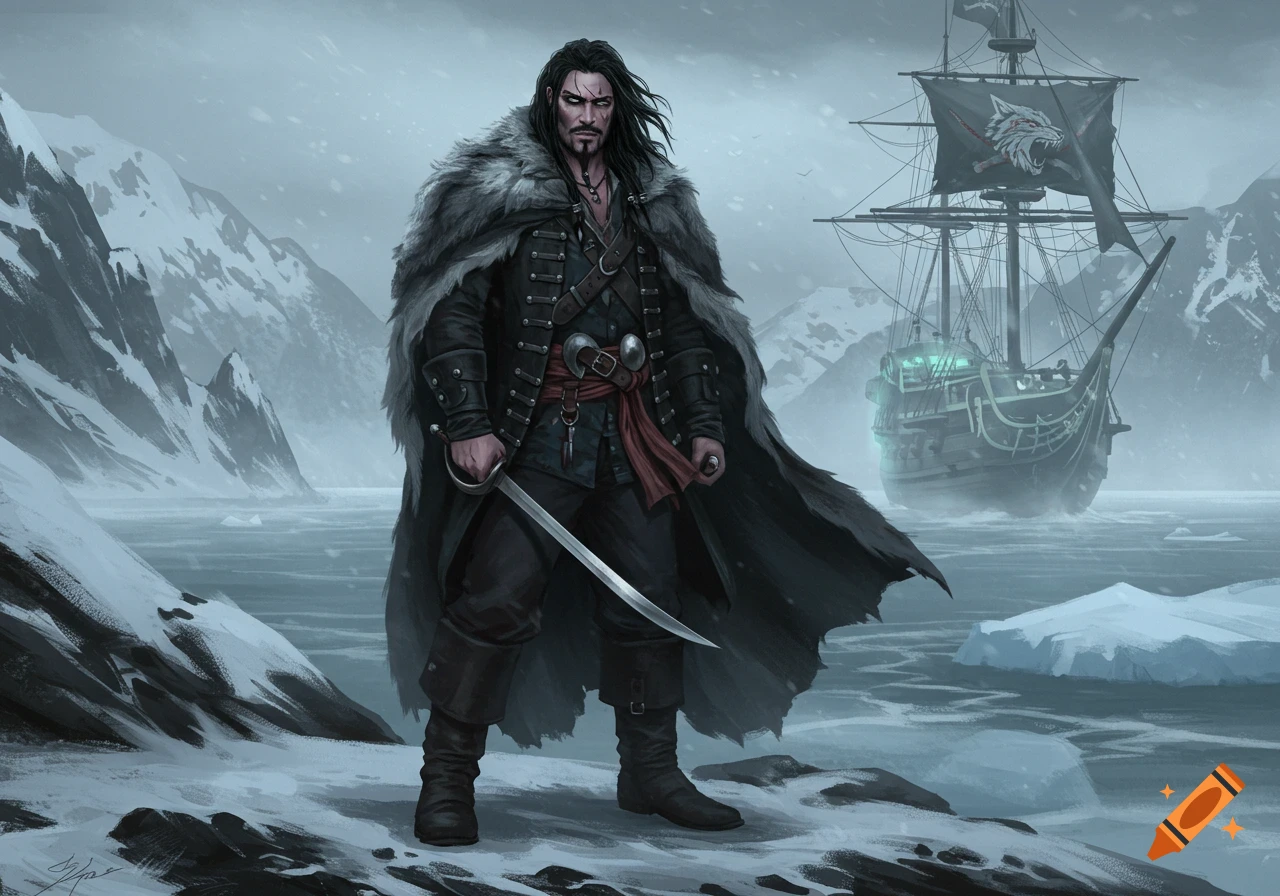 A long-haired pirate with a fur cloak and sword stands on snowy ground in front of a ghostly ship in an icy, mountainous landscape.
