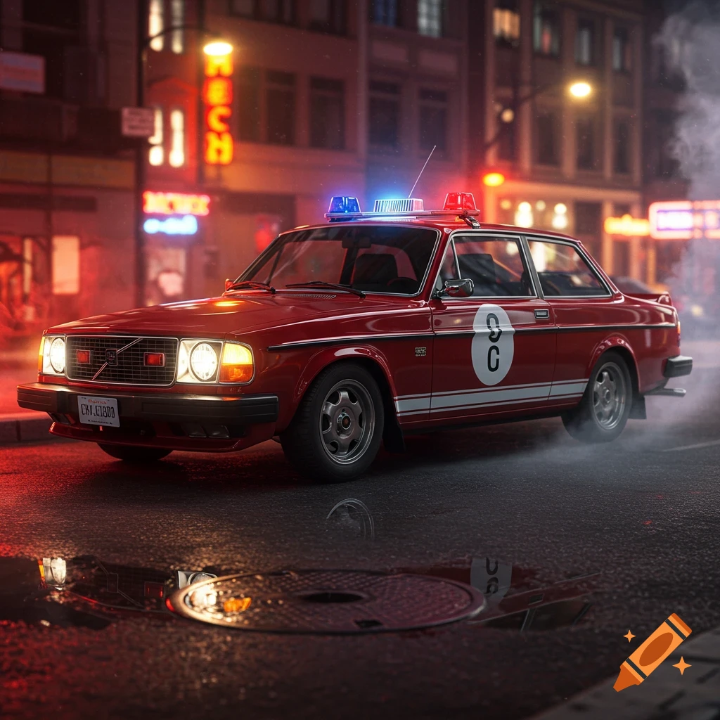 Red classic coupe with police lights on a wet city street at night, with neon signs reflecting in puddles.