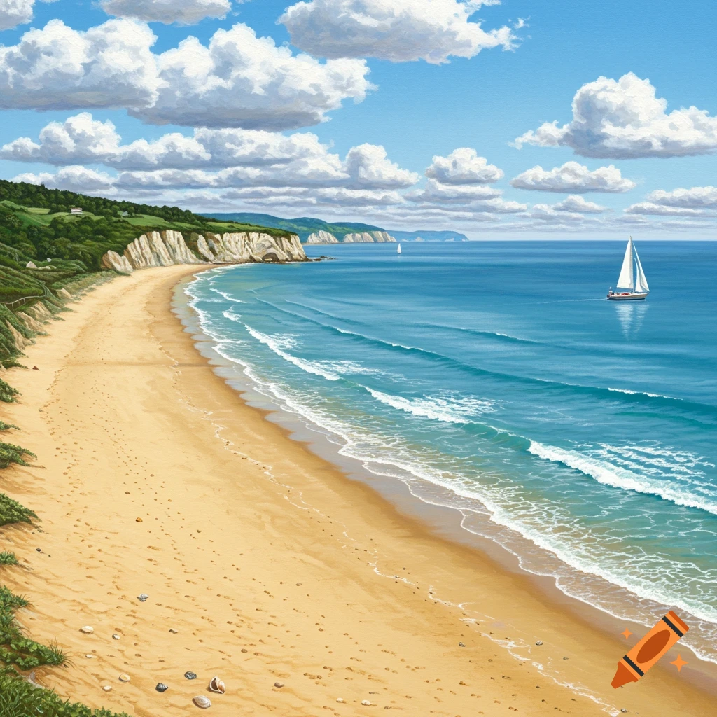 A scenic, painterly view of a sandy beach curving along white cliffs, with green hills, a blue ocean, and a white sailboat under a cloudy sky.