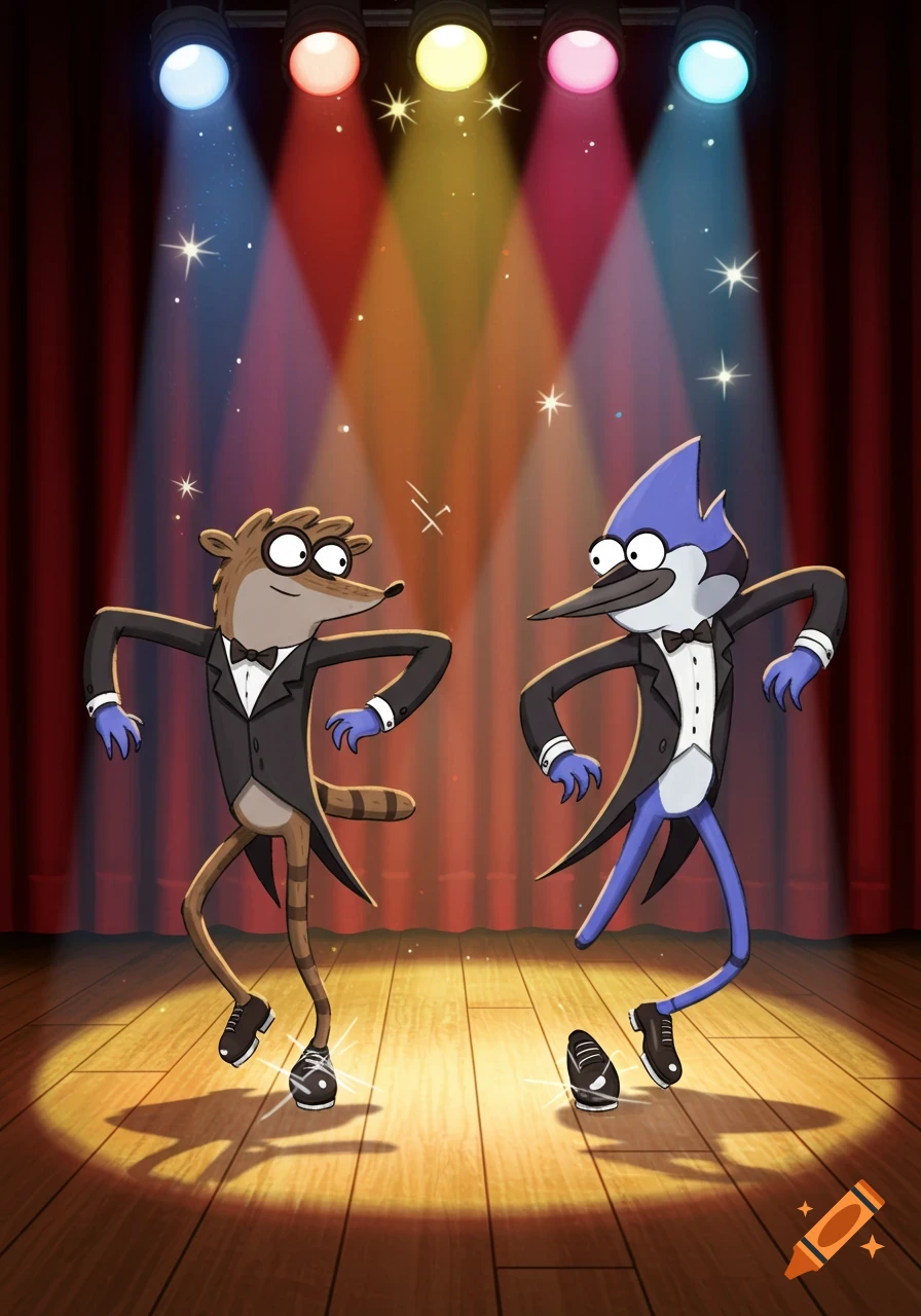Rigby and Mordecai from Regular Show in tuxedos tap dancing on a spotlighted stage with red curtains.