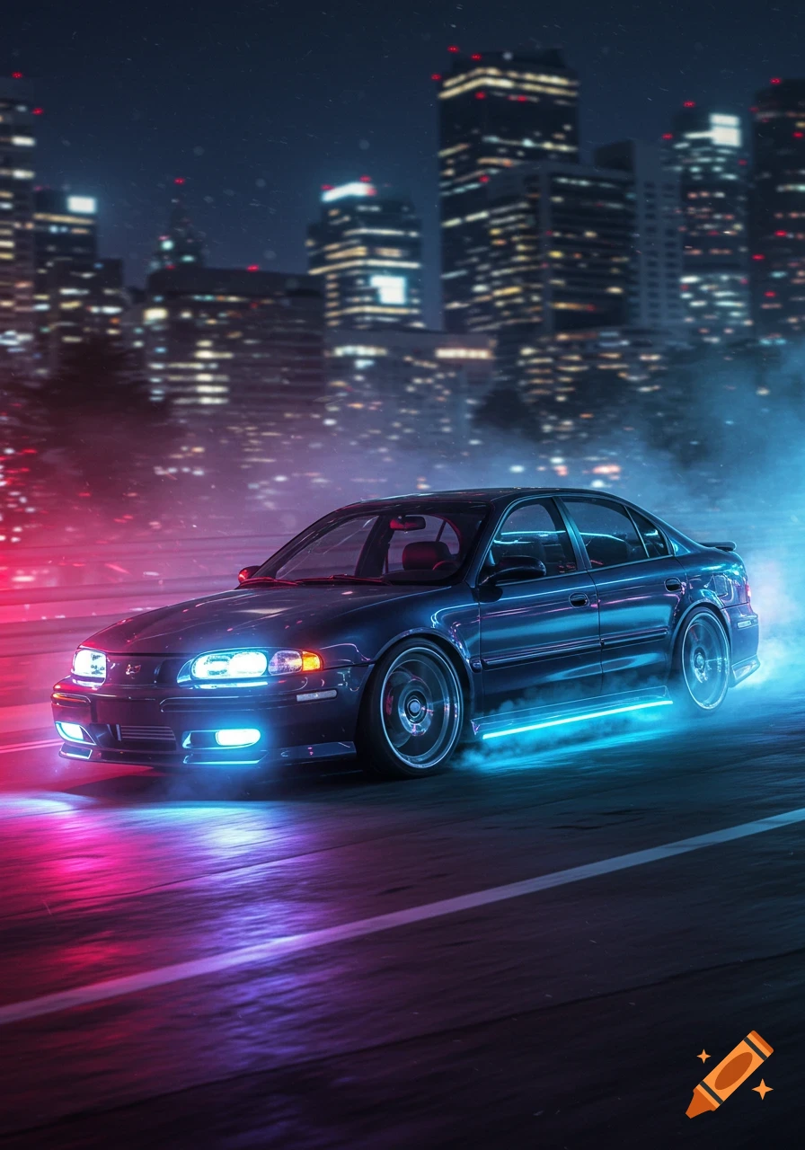A dark modified sedan with glowing blue and pink neon underglow drives through a blurred city at night.
