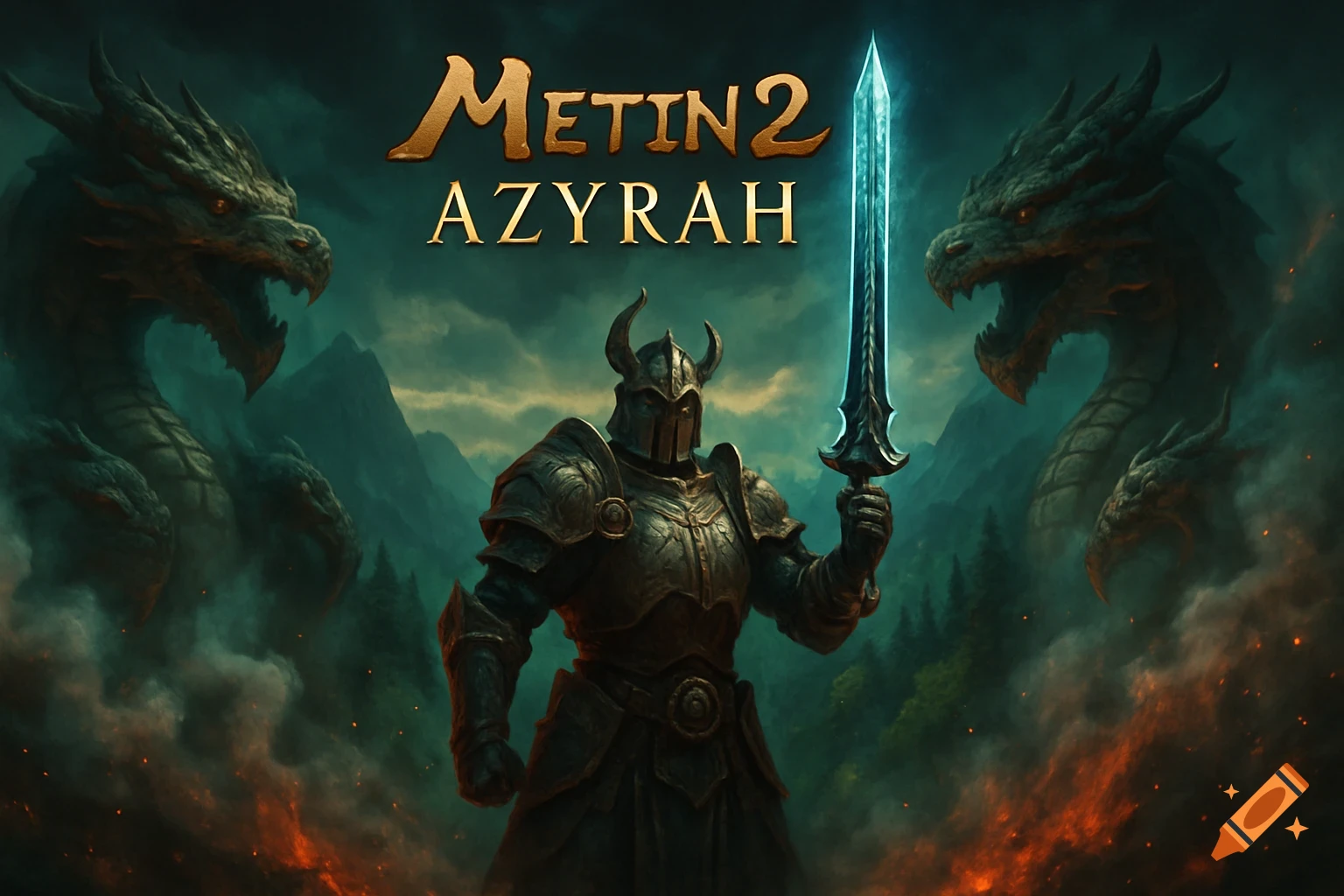 A fantasy knight in dark armor holds a glowing blue sword, flanked by two large dragons, with fiery ground and dark mountains in the background. The text "METIN2 AZYRAH" is at the top.