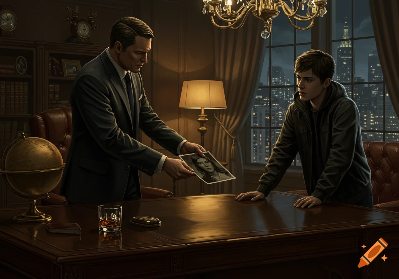 A man in a suit hands a photograph to a young man over a mahogany desk in a luxurious, dimly lit office with a city skyline view at night.