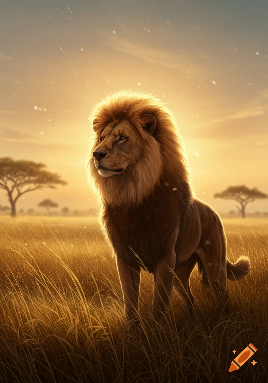 A majestic lion stands in tall golden grass under a golden sky at sunset in a photorealistic savanna scene.