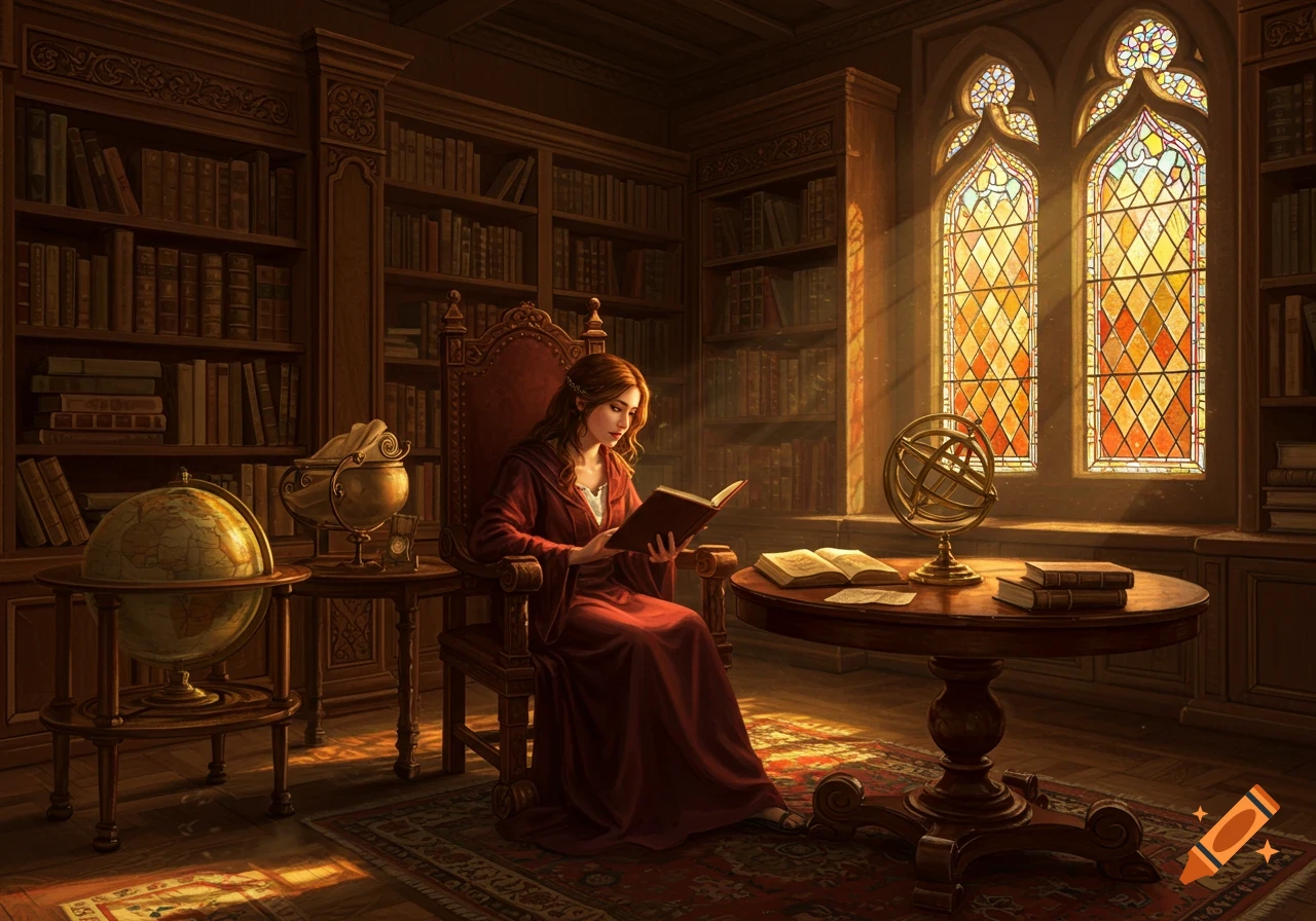 A woman in a red robe sits in a grand, dimly lit library, reading a book. Sunlight streams through stained-glass windows onto a globe and armillary sphere.