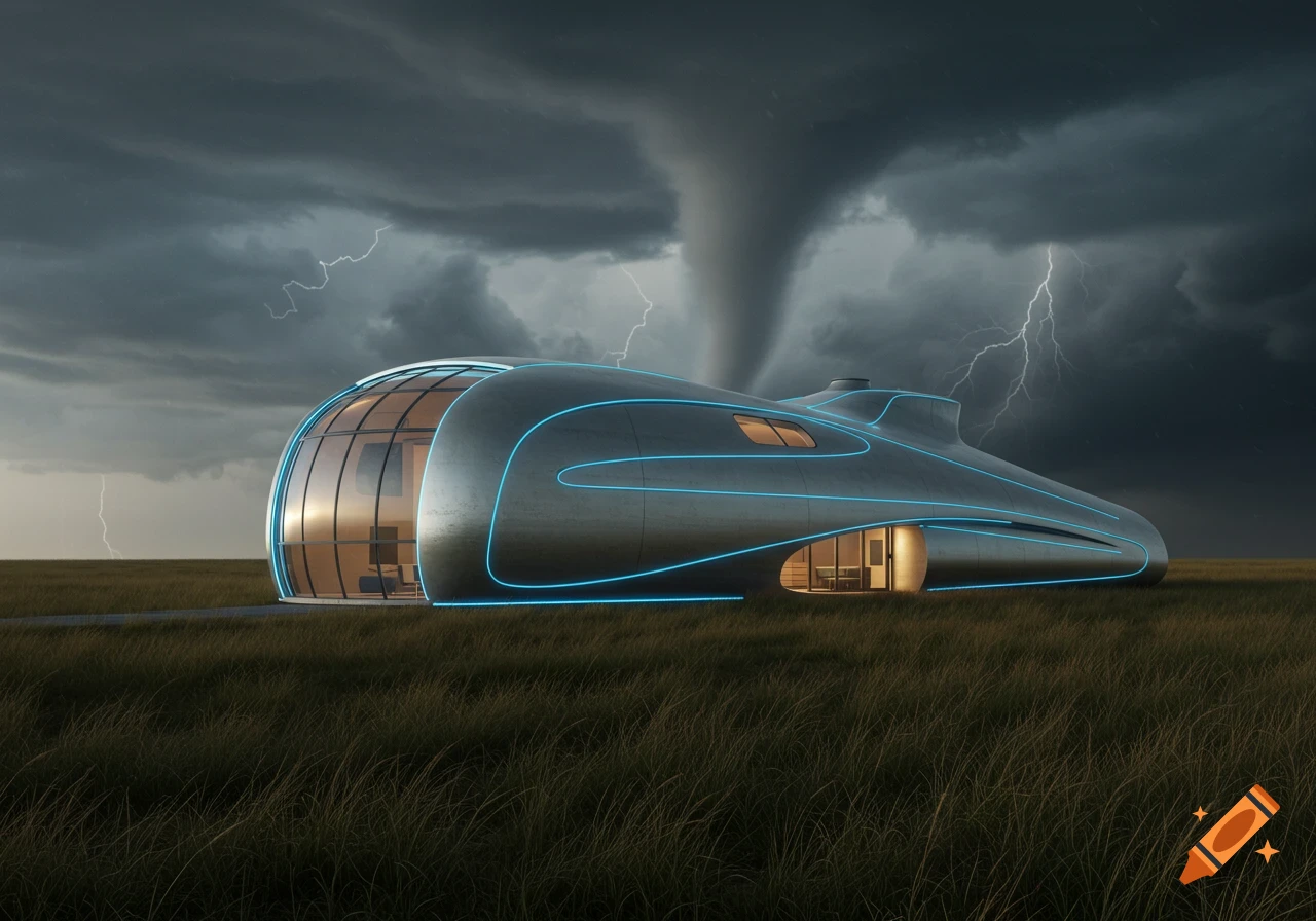A futuristic house with blue neon lights in a grassy field under a stormy sky with a tornado and lightning.